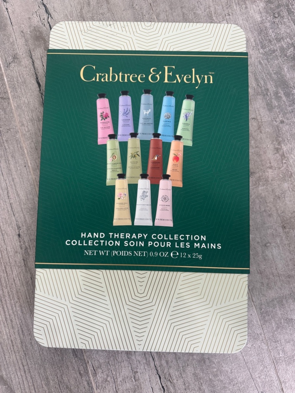 Crabtree & Evelyn Green Tin with Multicolored Hand Cream Tubes. New  12 piece